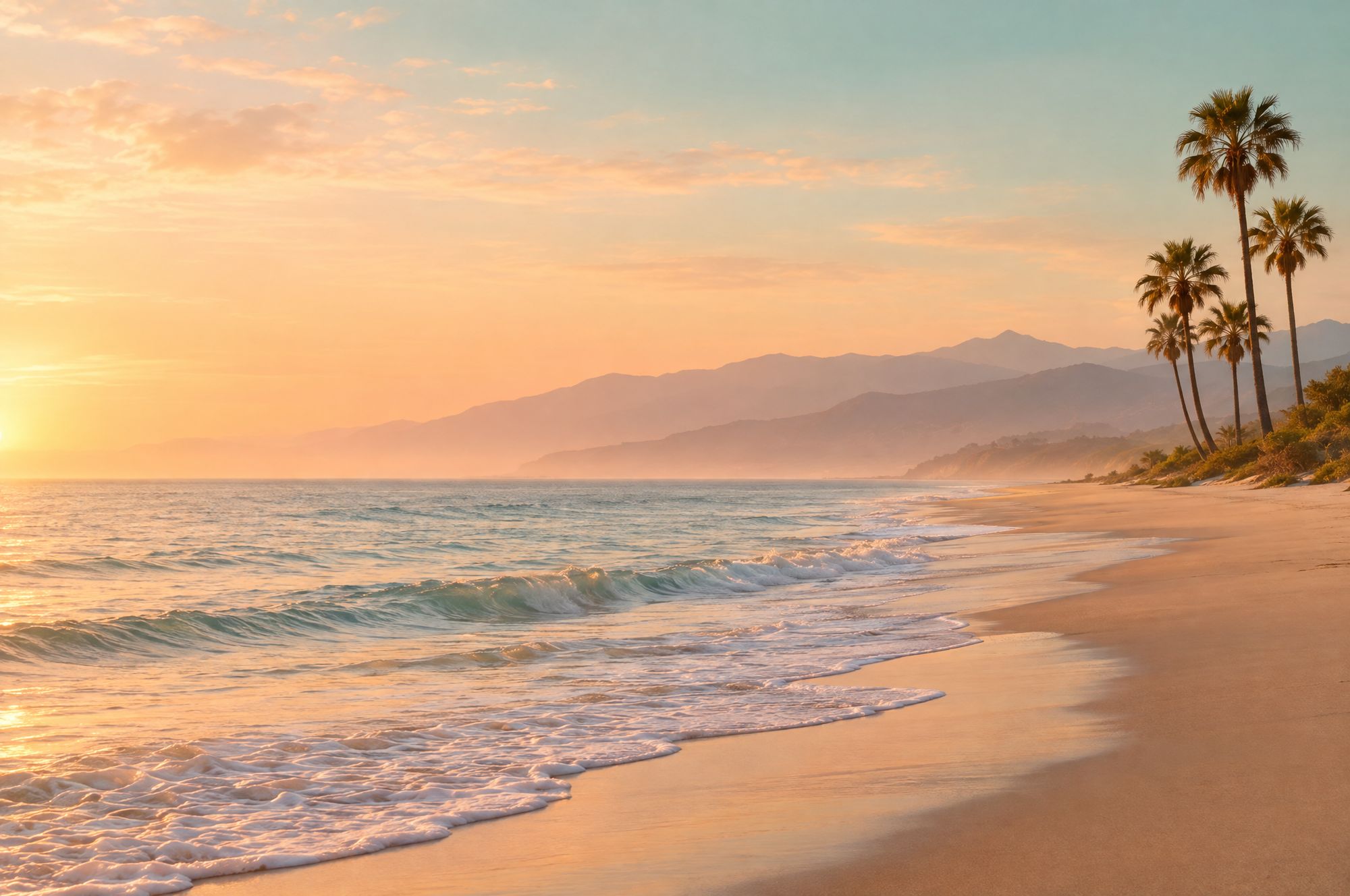 California coastline with palms at golden hour