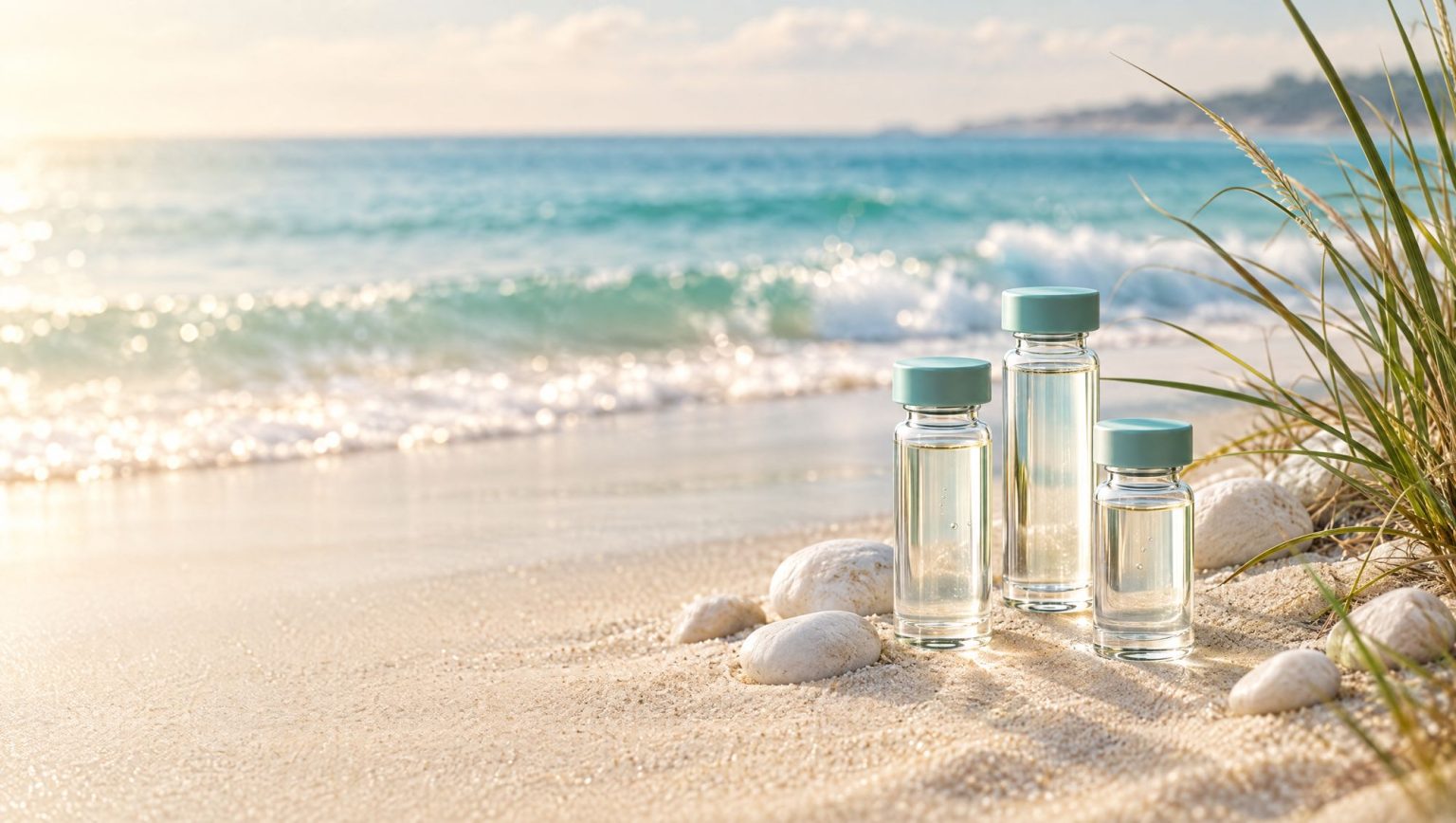 Clear research vials with seafoam caps on the sand by the ocean
